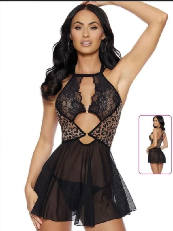 Leopar Desenli Halter Yaka Mini Gecelik